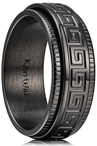 King Will Herren-Ehering 8mm aus Edelstahl, Dreh- oder Basismodell, schwarz/grau/silber/gold plattiert, mit griechischem Schlüssel-, Runen- oder Lebensbaum-Muster, Komfort-Fit