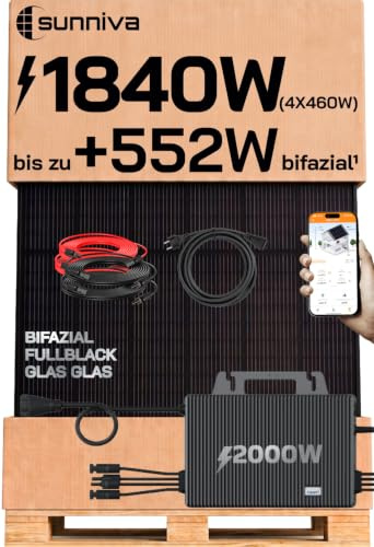 SUNNIVA® 1840W Balkonkraftwerk mit 2000W Wechselrichter TSUN, BIFAZIAL FULLBLACK komplett Steckdose, PV Solaranlage Komplettset mit 5m Anschlusskabel und 4x2.5m Solarkabel, 4x 460W N-Type Glas-Glas
