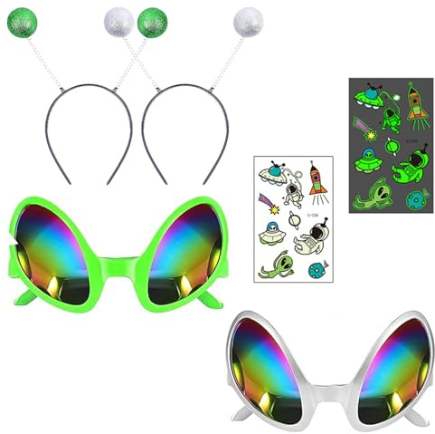 Yuqilin 4 Stück Alien Kostüm Kinder Mit Tattoo-Aufklebern Alien Brille Keine Grate Alien-stirnband Elastisches Design Halloween Kopfschmuck kinder für Schulveranstaltungen Mottopartys Halloween