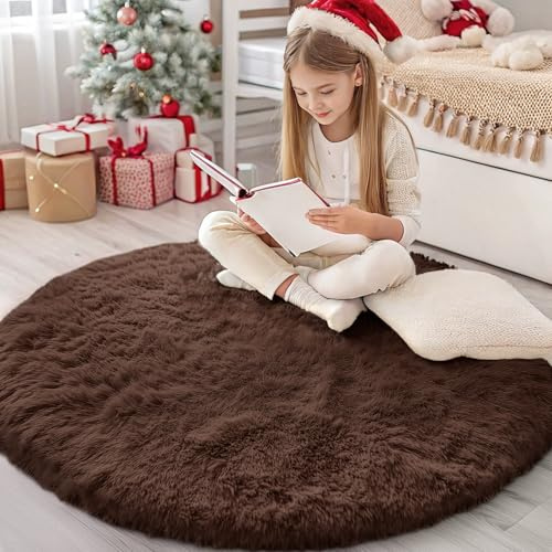 Homaxy Hochflor Waschbar Klein Teppich Wohnzimmer 120 cm Rund, Braun