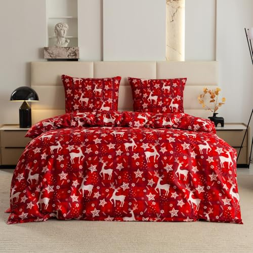 FEBE Bettwäsche Rentiere und Sterne Bettbezug-Set 135x200 + Kissenbezug 2 Teilig mit Reißveschluss