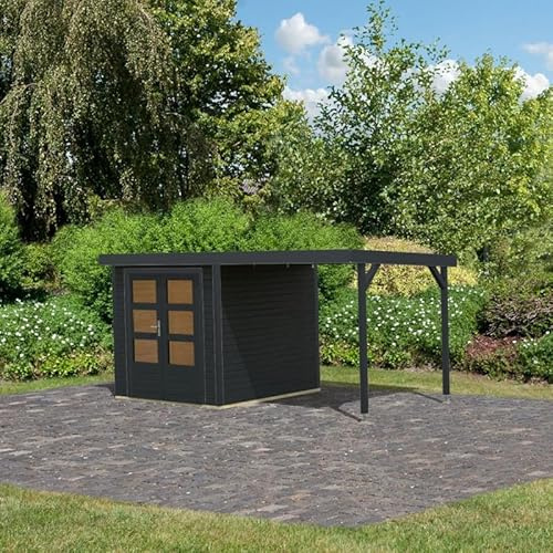 Karibu Abri de Jardin Bois-Métal 4,45m² Jupiter | Gris Anthracite avec Appentis 235cm | Toit Acier Étanche, Double Porte Vitrée, Serrure | Kit Fondation Inclus