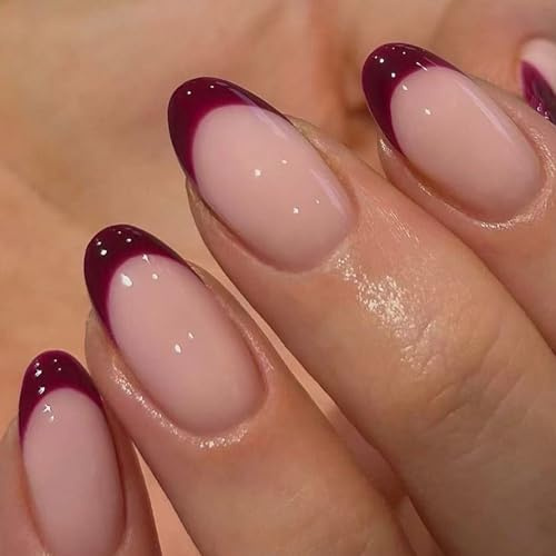 24PCS Short Almond Press On Nails - Nude Base with Wine Red French Tip & Glossy Acrylic Full Cover for Wedding Guests, Office Wear, Date Nights and Formal Events Chic Manicure Look