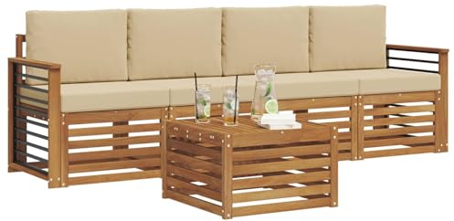 vidaXL Sofagarnituren 5 pcs Natur und Beige Massivholz Akazie, Moderne, langlebige Garten-Sofagarnitur, sectionale Möbel für Patio, Terrasse, entspannte Sitzgelegenheit