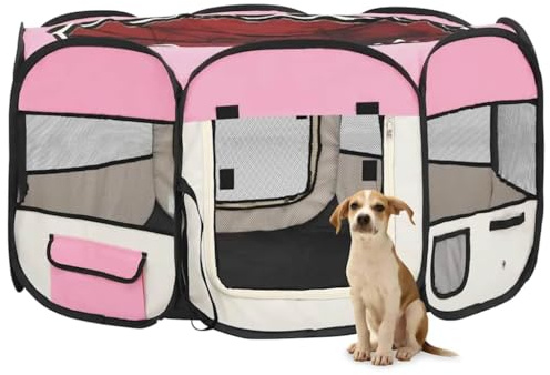 Parc Pliable pour Chien Rose avec Sac de Transport, 125x125x61 cm, Robuste en Acier, Filet Respirant, idéal pour Dressage, sécurité, intérieur et extérieur