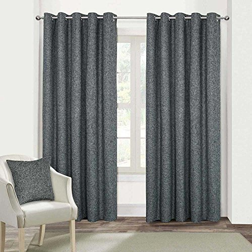 HOMESCAPES Dark Grey Textured Boucle Blackout Curtains Pair Width 167cm (66) x 182cm (72) Drop Genuine 3 Pass Blackout Lining Heavy Weight Eyelet Curtain