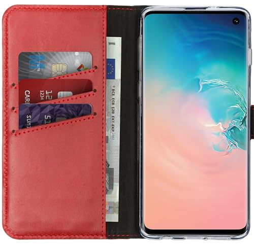 SELENCIA Bookcase Hülle kompatibel mit Samsung Galaxy S10 – Era Leder Handytasche Side Flip Case – Handyhülle aus Rindsleder in Rot [3 Kartenfächer, Magnetverschluss]
