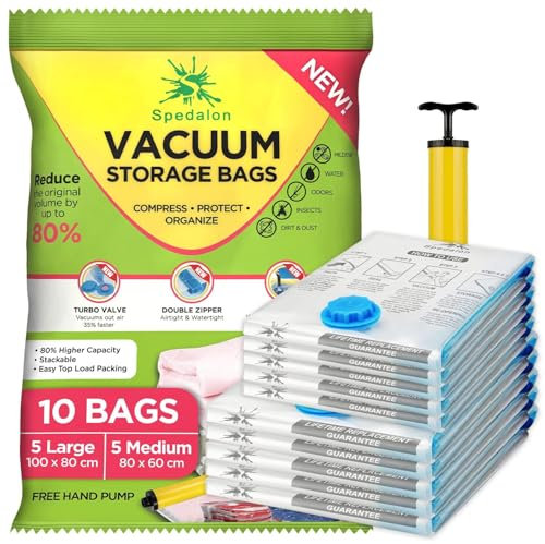 Spedalon Vacuum Storage Bags - Pack of 10 (5 Large + 5 Medium) ReUsable with free Hand Pump for travel packing | Best Sealer Bags for Clothes, Duvets, Bedding, Pillows, Blankets, Curtains