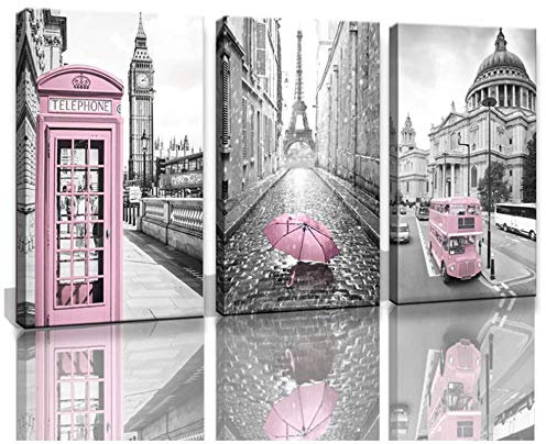 YCCYI Leinwand Kunstdruck Rosa Thema Poster für Mädchen Zimmer Wandkunst Leinwand Schwarz und Weiß Paris Tower Bilder London Big Ben Gemälde 12x16 Zoll (30x40cm) x3 Kein Rahmen