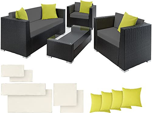 TecTake® Conjunto Jardín en Ratán y Aluminio con Cojines de Grosor 10 cm, Conjunto Terraza Resistente a la Intemperie, Muebles Jardín Exterior 2 Sillones, 1 Sofá, 1 Mesa, Fácil Limpieza - Negro