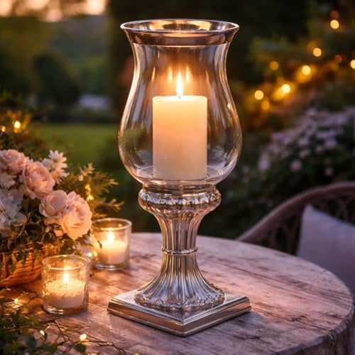 Kerzenhalter Groß 50 cm Glas & Keramik Silber Windlicht Säule Vintage Deko | Stumpenkerzen, Hochzeitsdeko, Tischdeko Kerzenständer für Hochzeit, Tisch & Wohnzimmer – für Stumpen- & Stabkerzen