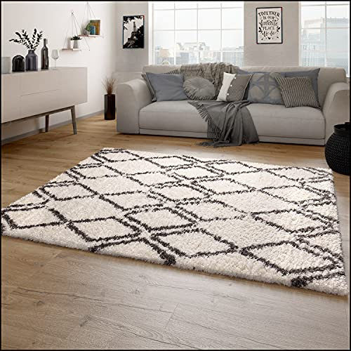 Paco Home Hochflor Teppich Wohnzimmer Shaggy Langflor Skandinavisches Rauten Muster Modern, Grösse:160x230 cm, Farbe:Creme 4