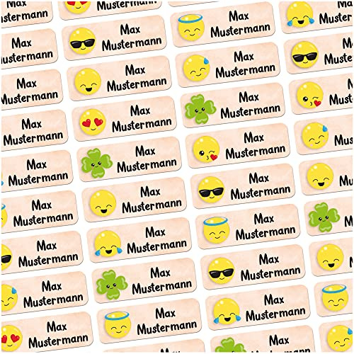 Namensaufkleber Kawaii Smileys personalisiert wasserfest 60 Stück Schule | Namenssticker mit Wunschname für Brotdose Trinkflasche Stifte Schule Federmappe Kindergarten Schulstart spülmaschinenfest
