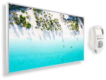Riscaldatore a infrarossi Könighaus - 1000 Watt + termostato smart e APP Könighaus - una stufetta elettrica a basso consumo - Cornice bianca (14. Spiaggia da sogno 1)