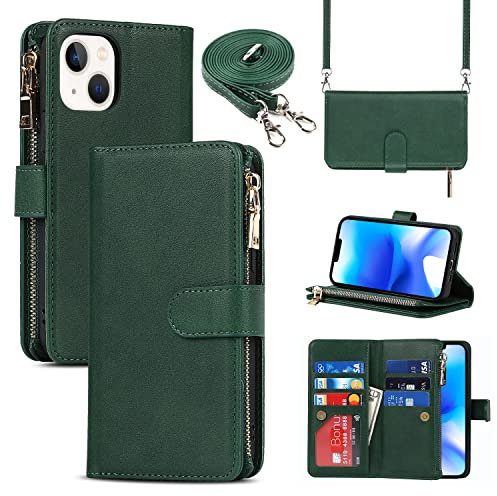Cavor Compatible with iPhone 14 Plus Case With Card Holder With Strap,Flip Leather Crossbody Women Wallet Case,[9 Card Holders][2 Lanyards],Cover Phone Case Compatible with iPhone 14 Plus - Dark Green