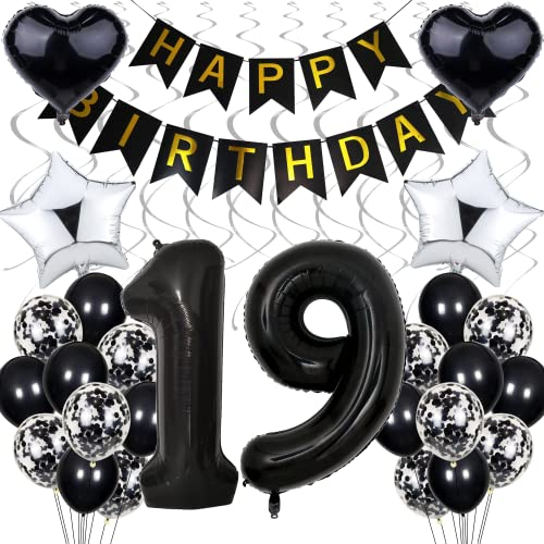 Luftballon 19. Geburtstag Dekoration - Schwarz und Silber Party Deko für Mädchen und Junge - Black and White Geburtstagsdeko