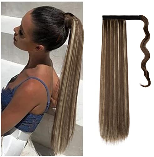 Cybelleza Clip in Ponytail Extensions Pferdeschwanz Glatt Lang Haarverlängerung Kunsthaare 55cm Haarteil Zopf günstig Synthetik Haar Gewickelt Haarverdichtung für Fraue (Chestnut Brown & Blond)