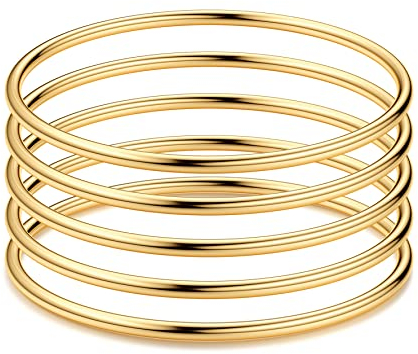 JeweBella 5 Pièces Armreif Armband Damen Edelstahl Dünnes Armreif Stil Glatt Poliert Armband Silber/Gold Stapelbar Armreif Damen Set für Damen Frauen 3MM