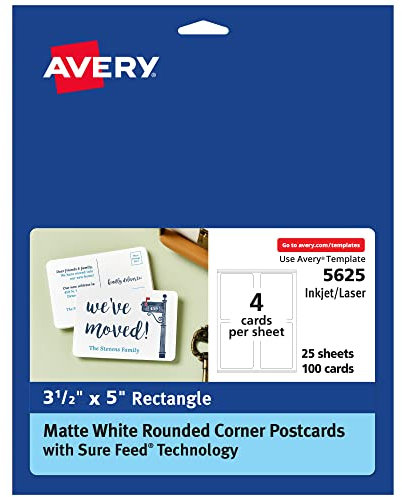 Avery Postkarten mit abgerundeten Ecken und Sure Feed Technologie, 8,9 x 12,7 cm, mattweiß, 100 insgesamt, laser/tintenstrahldruckbare Karten (5625)