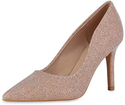 VAN HILL Damen Spitze Pumps Party Kunststoff Schuhe Stiletto Glitzer Absatzschuhe Abendschuhe 210095 Rose Gold Glitzer 38