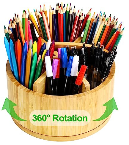 Cinnani Organiseur de bureau rotatif à 360° en bambou, porte-crayons, avec poignée, organiseur de table, 6 compartiments surdimensionnés, organisateur de maquillage, porte-crayons pour enfants