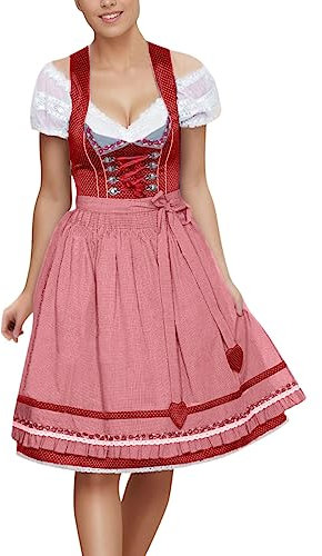 Deutsches Kleid in Übergröße für Damen mit quadratischem Ausschnitt und Schürze, Oktoberfest-Biermädchen-Kostüm Gothic Kleidung Damen Tops Langarm (Red, XL)