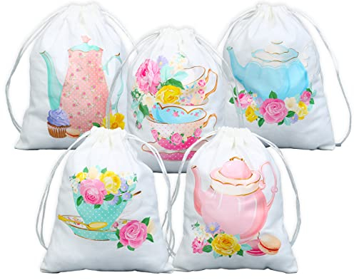 Serencatcher 10 PCS Tea Party Favor Supplies Reusable Drawstring Gift Bags for Tea Party Time Lets Partea Wedding Baby Shower Birthday Party Bridal Shower Favors Goodie Treat Bags