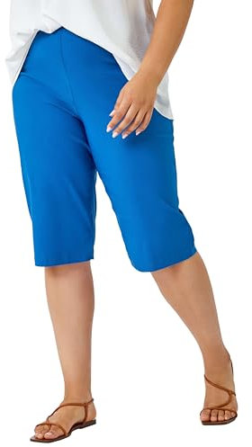 Roman Knee Length Shorts for Women UK - Ladies Cropped Capri Stretch Bengaline Pants Crop Trousers Summer Legging Lounge Essentials Elasticated Casual Clothes - Plus Blue - Size 30-32