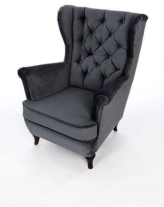 Mars Meble Ohrensessel aus Velours, Sessel mit Holzbeine, Wohnzimmersessel mit Wellenfedern, Elegant und Bequem (Stoff: Paros 06 - anthrazit)