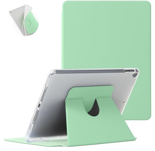 Koze Funda Giratoria para iPad 10,2 Pulgadas 9.ª 8.ª 7.ª Generación 2021 2020 2019 con Portalápiz, Carcasa Rotación de 360 Grados Visión Multiángulo, Trasera Translúcida Suave Antigolpes, Verde Menta