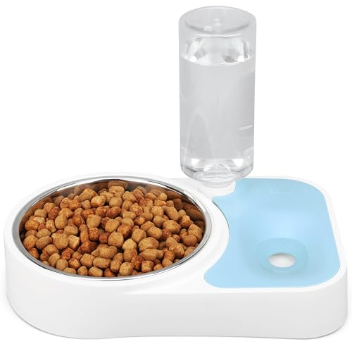 BELLE VOUS Bleu Distributeur d'eau Automatique pour Animaux de Compagnie - 500 ml/17 oz Bouteille d'eau de - 650 ml/22 oz Bol en Acier de - Bol d'eau/Nourriture pour Chiot, Chaton, Lapin