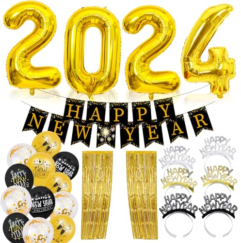 28 Stück Silvester Deko 2024 Set, Happy New Year Decoration Zubehör, Silvesterdeko, Happy New Year Girlande mit Goldenem Folienvorhang/Schwarzen Goldenen Luftballons/Party Deko Haarreif usw (A)