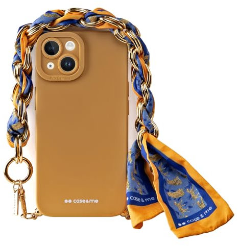 Case&Me Cover con Foulard per iPhone 14 Plus/15 Plus, Morbida Protezione per Fotocamera, Laccio da Polso, Fashion, Giallo