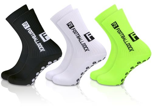 3 Pairs Football Grip Socks - Non Slip Football Socks for Men & Kids, Breathable Sports Socks with Enhanced Traction (Black/White/Green)