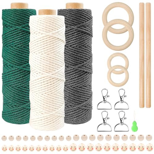 CoKeeSun 3pz Macrame Corda, 2mmx180m Filo Macramè Natural Cordoncino Cotone Corda, Colorata Macrame Kit per Decorazioni con Anelli di Legno, Bastoncini, Perline, Portachiavi (Beige, Verde, Grigio)