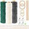CoKeeSun 3 Pièces 100% Fil Macramé en Coton Naturel de Qualité Supérieure 2mmx180m avec Anneaux en Bois,Bâtons,Perles,Porte-Clés,pour Bricolage, Artisanat, Tapisserie,Décoration Boho(Beige,Vert,Gris)