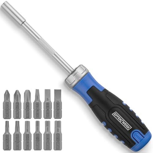 Effektwerk Set di cacciaviti a cricchetto 12 in 1, cacciavite a cricchetto multi-punta con 12 teste magnetiche, impugnatura ergonomica con camera di stoccaggio della testa