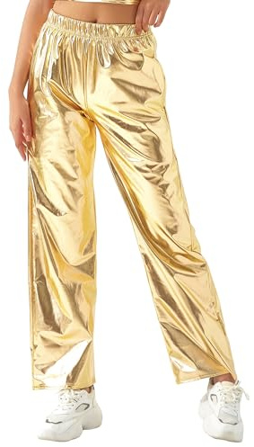 Acrawnni Glänzende metallische Damen-Hose, elastische Taille, holografisch, Hip-Hop, gerade, weites Bein, lange Hose, Clubwear mit Taschen