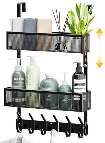 LUCYCAZ Over The Door Hooks Organizer,Door Hanger with 10 Hooks & 2 Basket | Adjustable Spacing,Over The Door Towel Rack,Multi-Purpose Back Storage Organizer Hanging Coat for Bathroom,Bedroom (Black)