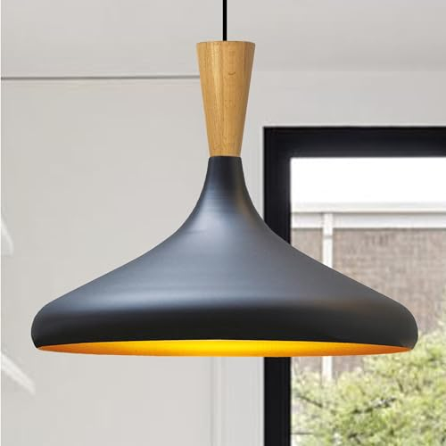bamyum Champion Pendelleuchte aus Holz, 35 cm Hängelampe Metall E27 Moderne Esstisch Lampe, Skandinavisch Pendellampe für Schlafzimmer Wohnzimmer Küche Esstisch, Küchenlampe Hängend Schwarz