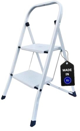 PROREGAL Klappleiter Economy Basic | einseitig begehbar | 2 Stufen | Arbeitshöhe 2,47m | Traglast 125kg | Tritthocker Trittleiter Klapptritt zweistufige Leiter aus Stahl rutschfeste Trittfläche
