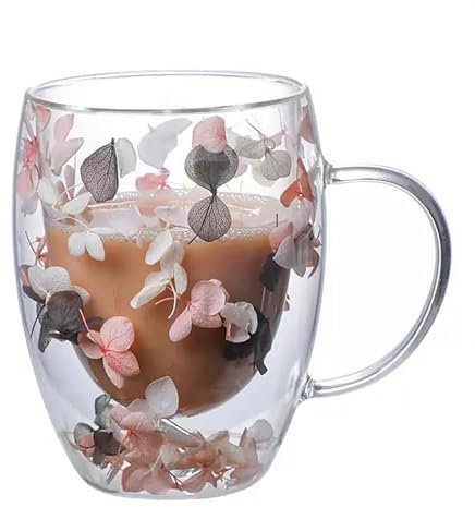 Dried Flower Double Wall Glass Cup, Aesthetic Flowers Coffee Mugs, Cute Insulated Tea Cups with Handle Heat Resistant for Women, Gifts for Birthday Mother's Day - Perfect for Wife Mom Friend (White)
