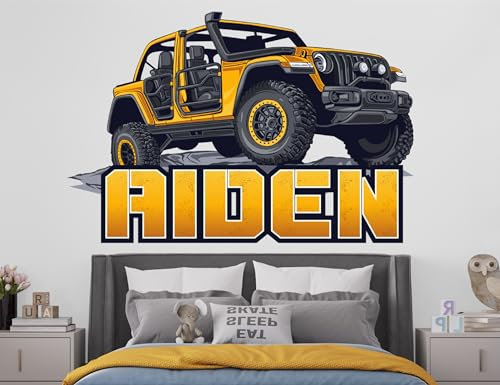 AdesiivoStudio Adesivi da parete con nome personalizzato Monster Truck, decorazione per la stanza per ragazzi, decalcomanie da parete per camera da letto dei bambini, nome personalizzato (camion 4x4)