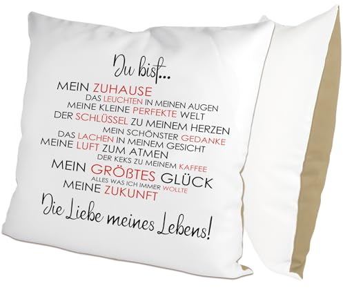 glitzertassen.de® | Du bist die Liebe meines Lebens! | Kissen mit Spruch | Geschenk | Kissen mit Druck | Liebe | Partner | Deko Kissen | Fotokissen | Kuschelkissen | Weiß/Mokka