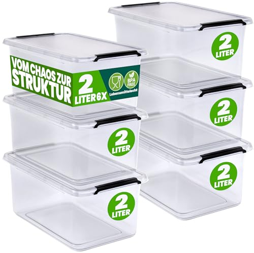 Deuba® 6x Aufbewahrungsbox mit Deckel 2L Box Kunststoff Kisten lebensmittelecht BPA frei klein Klickverschluss transparent stapelbar Küche Schlafzimmer