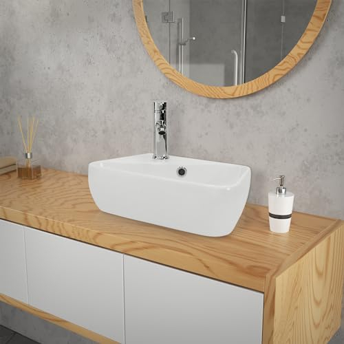 ML-Design Lavabo en Céramique, Blanc, Anguleux, 45x27x13 cm, Trou pour Robinetterie à Gauche, Design avec Trop-Plein, Montage Mural/Sur Plan, Vasque à Poser Moderne, Évier Supendu pour Salle de Bain