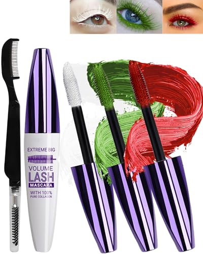 5D Grün Seidenfaser Wimpern Wimperntusche Wasserfest mit Wimpernkammbürste,White Rot Green Telescopic Waterproof Colored Mascara,Verlängerndes,Voluminöses,Langlebiges,Cosplay Party Bunt Augen Makeup