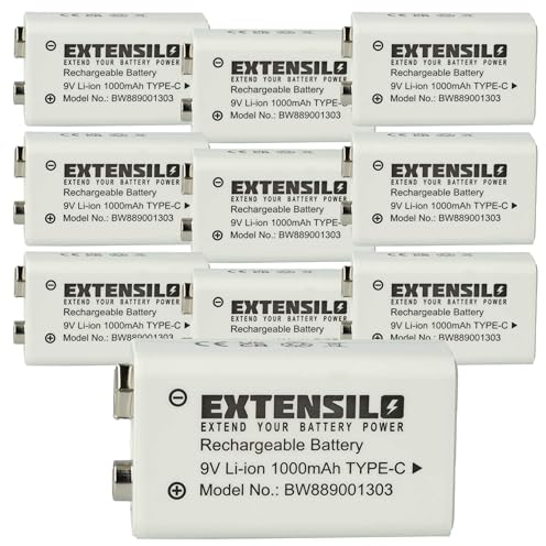 EXTENSILO 10x Batería de 9 V (1000 mAh, Li-Ion) Recargable, Ready-to-Use