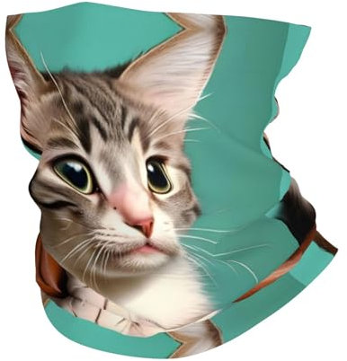 Multifunktionales Sport-Kopftuch. Kann als Schal, Maske, Piratenhut, Halstuch, Haarband, Stirnband verwendet werden. Bedruckt mit einer neugierigen Katze, weiß, Einheitsgröße