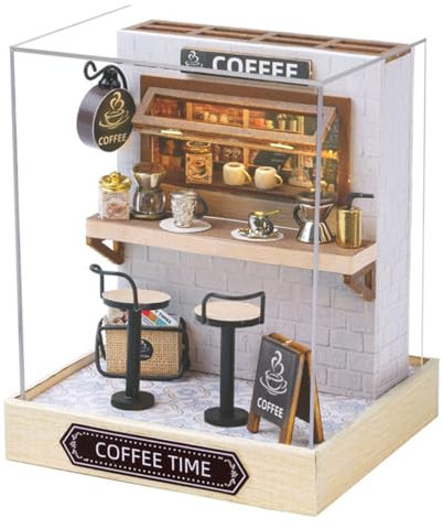 Ieron DIY Miniatur-Puppenhaus-Bausatz, Mini-Handgefertigtes Hausmodell, DIY-Bastelset mit Staubschutzhülle, 3D-Puppenhaus-Bausätze aus Holz, Kleiner Bausatz als Geburtstagsgeschenk, Kaffeezeit